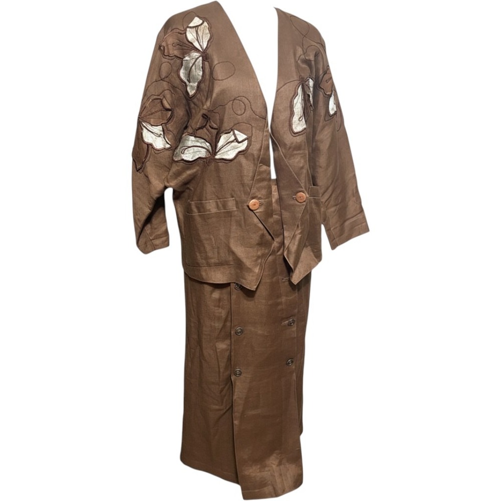 VTG 90s Le'ea Linen Skirt Suit Chocolate Brown Embroidered Church Set Large